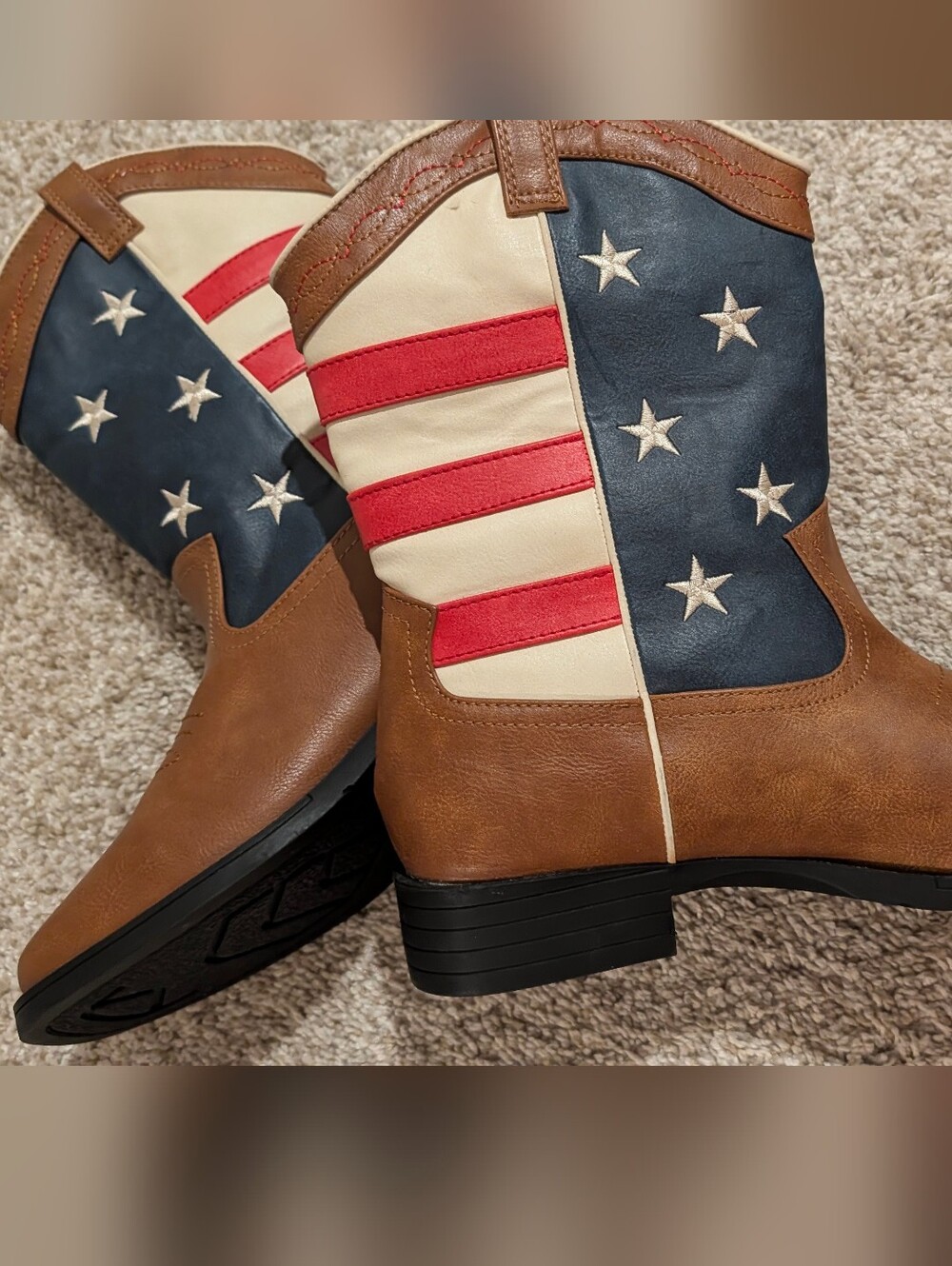 Western American Flag Cowboy Boots - Brown, Navy, White 6 1/2